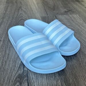 Adidas Sky Blue Slides with White Stripes